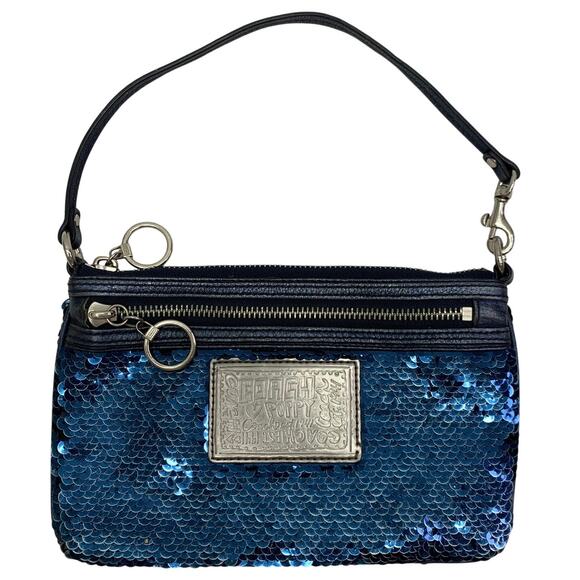 VTG Y2K Coach XL Poppy Sequin Wrislet Sapphire Blue Sparkle Purse Wallet - Picture 1 of 9